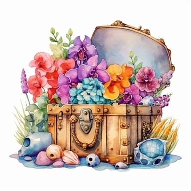 clipart, isolated on white background, Watercolor spring treasure chest with jewelry on the beach, detailed, flowers and plants, ornated, vivid and vibrant and saturated colors