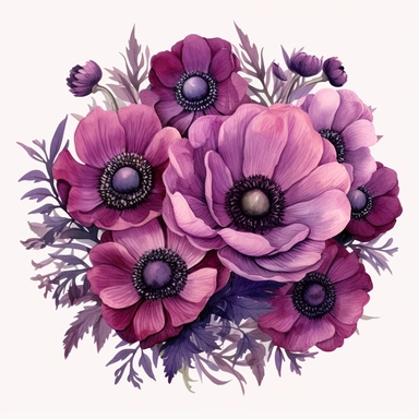 dark Magenta anemone flower bunch, watercolor, clipart, highly detailed, HD, flowers arranged in a round shaped circle