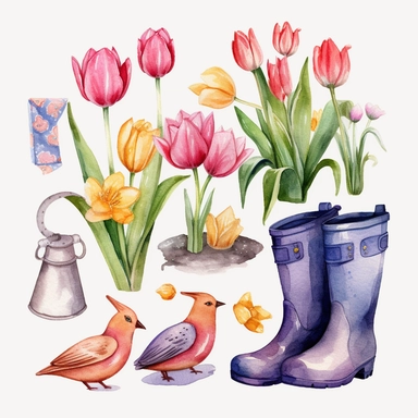 Watercolor Spring Clipart, Spring Clip Art, Flowers, Spring, Rainboot, Bird, Umbrella, Bicycle, Gardening, Tulips, Watercolour Clip Art