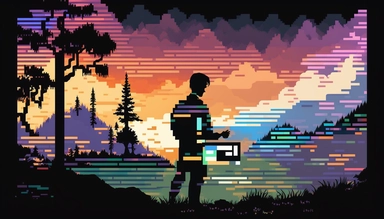 A silhouette of a computer programmer coding on a CRT screen, surrounded by a landscape of colorful, pixelated graphics. The background is a wash of warm, earthy tones, reflecting the rise of digital clipart in the computer age, hand-drawn, watercolor, wet paint, mixed media 4k, pantone, Dot, Large, Accent Lighting, high detail, Carbonated
