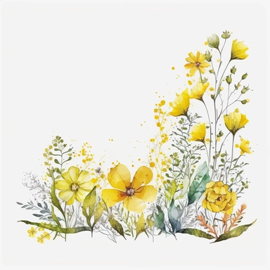 watercolor spring flower border, clipart isolated on clear white background, yellow and white, boho, lithograph, 32k uhd, textural