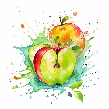 clipart on white background of an cut summer vibes apple with splashes drawn with watercolors, aquarell