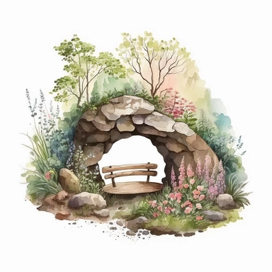 watercolor whimsical Forest nook corner Clipart, spring woodlands, with seating and rocks, white background, no text