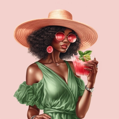 Pretty black woman, Sun Straw Hat Wide Brim Summer Beach Hat, pretty, holding a cocktail drink, pink and green outfit, 4k, hd, clipart, sticker, fantasy style