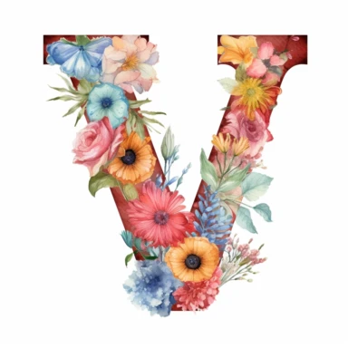 letter V made with flowers, watercolor clipart white background