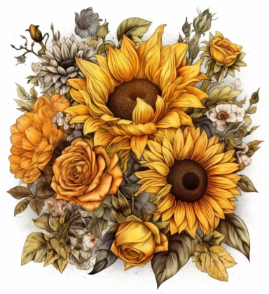 CREATE A MAGNIFICENT AND EXQUISITE BREATHTAKING HIGH QUALITY HIGHLY DETAILED WATERCOLOR CLIPART ILLUSTRATION OF STUNNING mixed bouquet of sunflowers and roses is painted on a white background, in the style of use of earth tones, dye-transfer, dark yellow and dark bronze, mix of masculine and feminine elements, naturecore, realistic color schemes, folk art inspiration