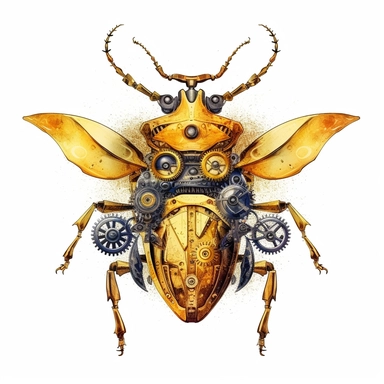 a steampunk style mechanic gold bug with watercolor effect,steampunk style gear wheels,unrealistic,suitable for digital cliparts , fantastic scene , high quality,fantastic scene