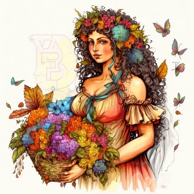 a gorgeous Indian woman, curly hair with ruffles, big basket with flowers in her hand, Leonardo Da Vinci style, luxury, chain of flowers in the background, butterflies, dandelions, vibrant colors, dressed in several dresses, white background, clipart