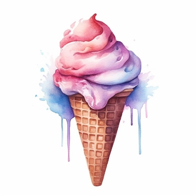 an enchanting watercolor, hyper-realistic clipart image with a white background and white margins, featuring a cone of soft-serve ice cream with a swirl on top. The ultra-detailed, hand-drawn elements capture the creamy texture and vibrant colors of the ice cream. Use whimsical touches to add a sense of delight, and bold shades of various colors to evoke the sweet and refreshing nature of this beloved fast food treat.