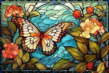stained glass clipart of one butterfly and flowers, vincent van gogh style