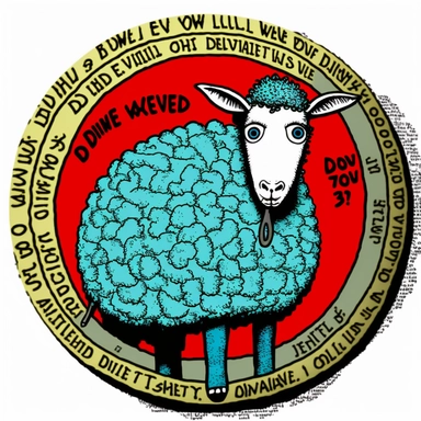sheep designer, Basil Wolverton, Dungeons & Dragons, handpainted punk zine fashion poster, clipart illustration, circle white background, circle border