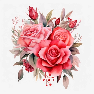watercolor pink and red flower roses and leaves bouquet with floral detail, clipart, red and beige, pastoral charm, free brushwork