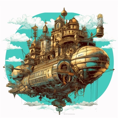steampunk airship flying above atlantis, vintage, clipart