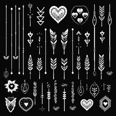 high resolution, solid black silhouettes, clip art, chalkboard drawing of arrows and hearts themed, 4k, white and black only