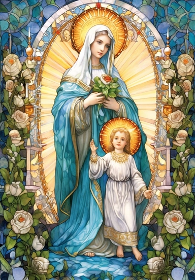 A sharp photograph of an expensive portrait, pay particular attention to the shape of your hands, less watercolor stained glass Madonna and child with matching crowns full body clipart, the Madonna is wearing a medium aquamarine blue mantle with bright white stars on it and the child is wearing a bright white robe, behind them is shimmering bright light, around many blue roses, highly detailed, white background, in the style of Catholic religious art, artist Andrea Lezcano, Vincent Van Gogh, in 