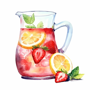 watercolor pitcher of strawberry lemonade, in the style of Cecily Mary baker, white background, clipart