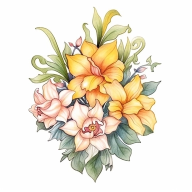 Compose an enchanting hand-drawn watercolor clip art image showcasing a family gift niche with birth flowers representing a family of three. Customize the image by selecting birth flowers for each family member: a March baby (Daffodil), a June baby (Rose), and a December baby (Poinsettia). Incorporate a warm and inviting color palette, evoking a sense of coziness and love within the artwork.