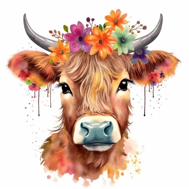 Adorable Highland Charm: Create a vibrant watercolor clipart of a young and happy Highland cow. The artwork should capture the essence of the cow's charming personality, emphasizing its expressive eyes and endearing smile. Use a playful color palette to bring out the cow's fluffy fur and highlight the natural beauty of its surroundings. The clipart can be used in various applications, such as greeting cards, stationery, or wall art, to spread joy and warmth. white backgorung