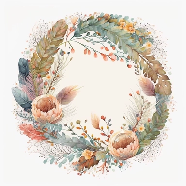 intricate and detailed watercolor simple circle border for wedding clipart masterpiece of boho floral arrangement with boho flowers and feathers and leaves, exquisite realism caricature style with excellent depth color shading, use of fabric, soft and subtle colors of watercolor style, plain background