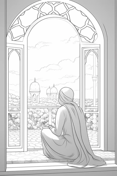 coloring page of a back view of a beautiful Hijabi girl, reading a book that covers her face while is sitting in her moroccan house and a window is open, no face is showing, muslim lady clipart, veiled woman clipart, coloring book page for teens, no text, clean and simple line art