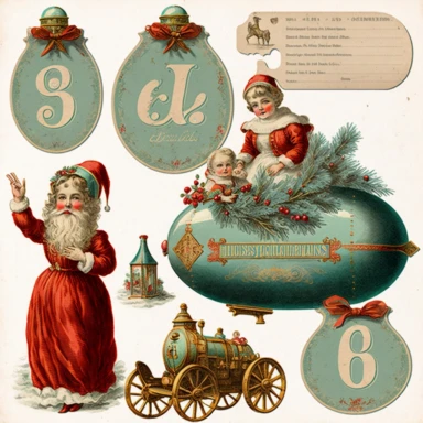 die-cut christmas clipart vintage ephemera, victorian toy, photorealistic drawing, isolated on white background, NO: [“watermark, signature, write, number, word”]