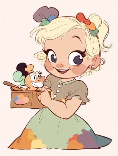 girl drawn as a cute disney little baby, in the art style of Disney babies clipart, sticker of [ cute baby girl wearing an apron and standing in the kitchen] disney pixar inspired painting , character design art by don bluth painting in the style of disne