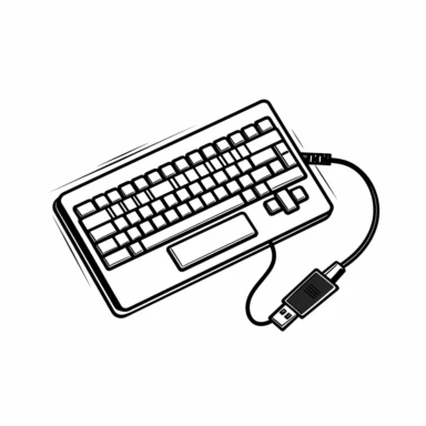 create a simple black clipart image on a white background using line art that is to be a logo for an adaptor to connect a retro keyboard to a modern computer. Use a USB connector and old keyboard in the image.
