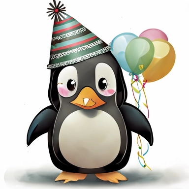 an adorable cartoon penguin wearing a birthday party hat, clip art