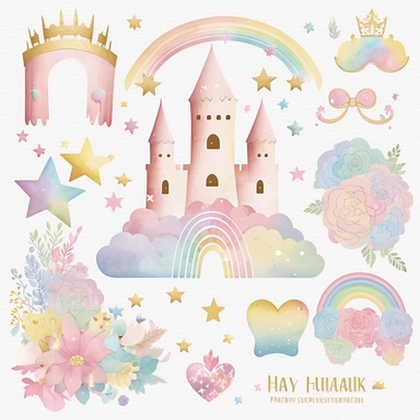 rainbow pastel princess castle, large rainbow, gold star, pink star, hearts, flowers, roses, plastercine, soft watercolour light, clipart svg white background