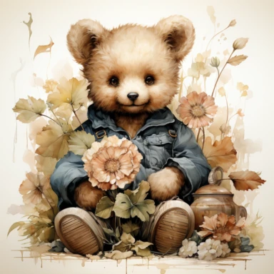victorian vintage adorable little teddy with banquette and wild flowers, full body, pastel beige colors, clipart style, accurate details, watercolor technique, super high quality, professional watercolor clipart, high resolution