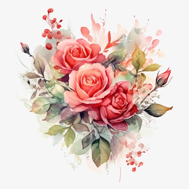 watercolor pink and red flower roses and leaves bouquet with floral detail, clipart, red and beige, booru, uhd image, pastoral charm, free brushwork