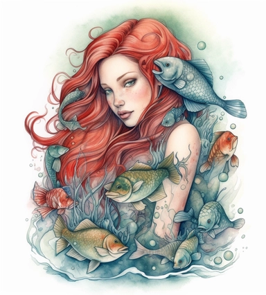 realistic burnished watercolored pencil cute mermaid with fish friends clipart, red hair, detailed, style of disney, on white background, spaced out