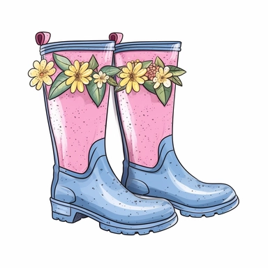 Spring Garden Rain Boots Design - Rain Boots with Flowers Clipart style by Lucy Fleming, watercolor, smooth gradients, black contour outline, ultra detailed, clipart elements, delicate pastel colors, solid white background, super clear, high quality