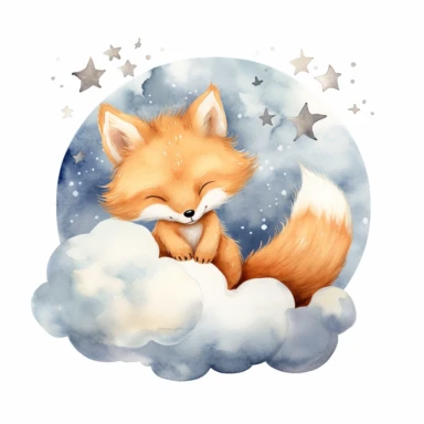 watercolor clipart, one individual Celestial moon, clouds, cute baby animal, fox, sleeping, white background