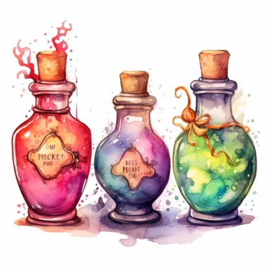 Create a watercolor clipart set of potion bottle with different shape, size, and color, containing a unique magical elixir with label. no background