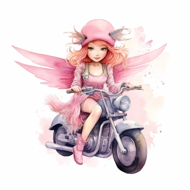 Cute little biker fairy with sitting on her motorcycle pink watercolor Clipart