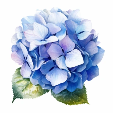 watercolor, hyper realistic, white background, white margins, 16k, ultra detailed clipart, cut out image, hand-drawn a single hydrangea blossom with blue petals, a single hydrangea blossom with blue petals