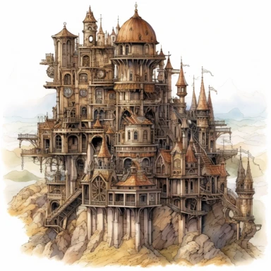 Watercolor hyperdetailed ultra realistic clipart of steampunk fictional worlds like Middle Earth, Hogwarts, or Narnia, including intricate details such as famous landmarks, architecture, and landscapes