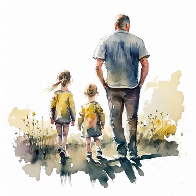Father, little daughter and little son, walking in a sunshine, detailed faces, watercolor, clipart, white background, 4k, stunning quality