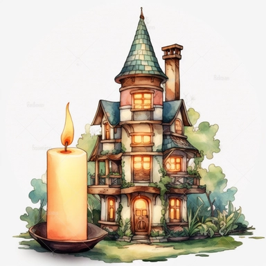 a Candle House watercolor Clipart sublimation clipart graphic, full body, clipart, sticker, a single picture, cartoon style, highly detailed, 8k, one image in the frame--no text in the picture--