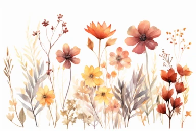 enchanted MAROON AND DUSTY YELLOW flower FIELD WATERCOLOR HAND PAINTED clipart, GREEN WILD LEAVES BETTWEEN FLOWERS AND IN THE BACK, WATERCOLOR AIRY PASTEL COLORS, VISIBLE WATERCOLOR BRUSH TOUCHES, DREAMY AND ELEGANT, COLORFUL DREAMY FLOWERS, white background, WATERCOLOR 8k,