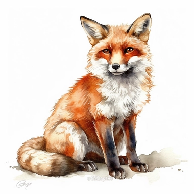 watercolour red fox Clipart, a single cute red fox, white background, dreamy, Studio Ghibli,no shadows, true colors,Free-cut on an all-white background, no shadows, no typography