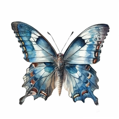 Blue Clipper Butterfly colored with watercolor, clipart, isolate in white background
