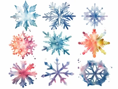 Watercolor clip art on white background, Snowflakes Clipart, high-resolution image with vibrant and true-to-life colors, isolated