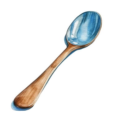 watercolor, hyper realistic, white background, white margins, 16k, ultra detailed clipart, cut out image, hand-drawn a rustic wooden spoon and fork on a kitchen counter. in the style of dark white and light blue, children's book illustrations, soft watercolours, pictorial fabrics, light color