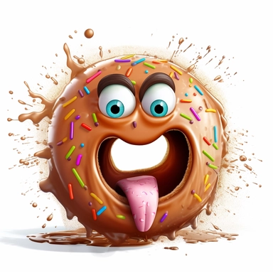 clipart of a messy donut, there is a funny face in thedonut, cartoon, for kids, funny, pixar, hole in the middle, 8k, white background, sharp focus, detailed,
