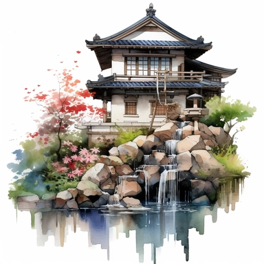 japanese architectural house clipart, water colour, summer, japanese ornamental flowers and seasonal flowers, rocks in front of house with dripping paint as shadows dull dark colour but serious tone full image no crop