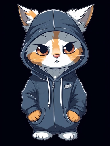 a cute little kitten wearing a hoodie annoyed with his paws in the pockets of the hoodie, vector illustration, clipart, outlines, portrait, cute, kawaii, extremely cute,