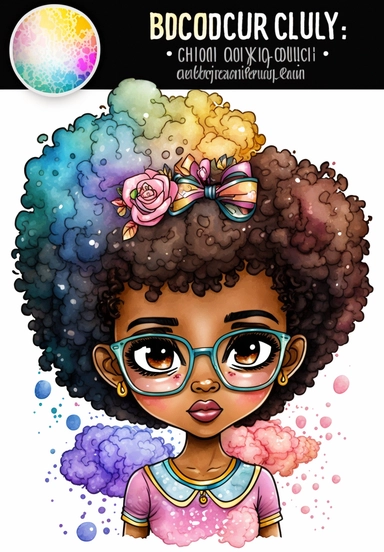 2d watercolor clipart kawaii, spring, april, character of beautiful african american woman, Intricately rendered dark Skinned woman, full body portrait, intricately rendered, 8k, short thick curls brown hair, sparkles, generously detailed, hyper realistic, digital, long rainbow eye lashes, beautiful retro comic urban chick, asymmetrical, smart, books, nerdy, glasses, 4k,