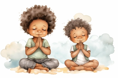 cute watercolor Praying melanin babies sitting on clouds saying a prayer, white background, cartoon style, clipart, isolated, no signatures, rich colors, 8k, with studio lighting
